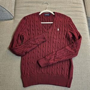 Polo Ralph Lauren Berry Dark Red Cable Knit Casual V-Neck Sweater Size Medium